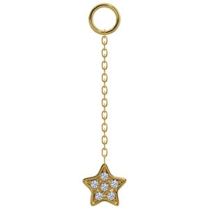 14k yellow gold long chain piercing accessory with diamond pavé star charm, front view