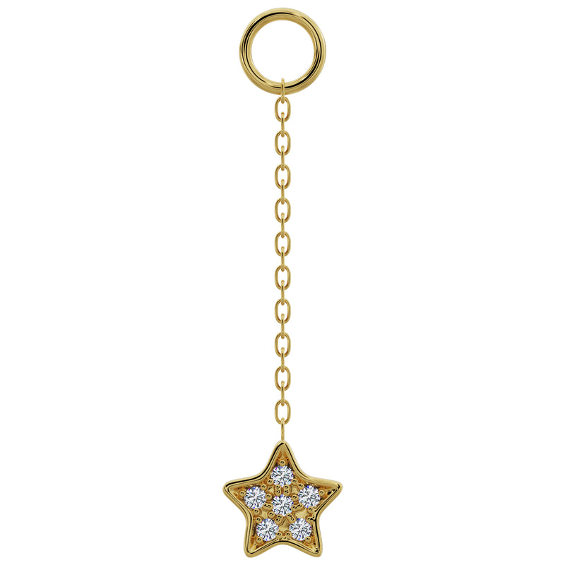 14k yellow gold long chain piercing accessory with diamond pavé star charm, front view