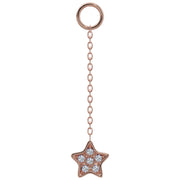 14k rose gold long chain piercing accessory with diamond pavé star charm, front view