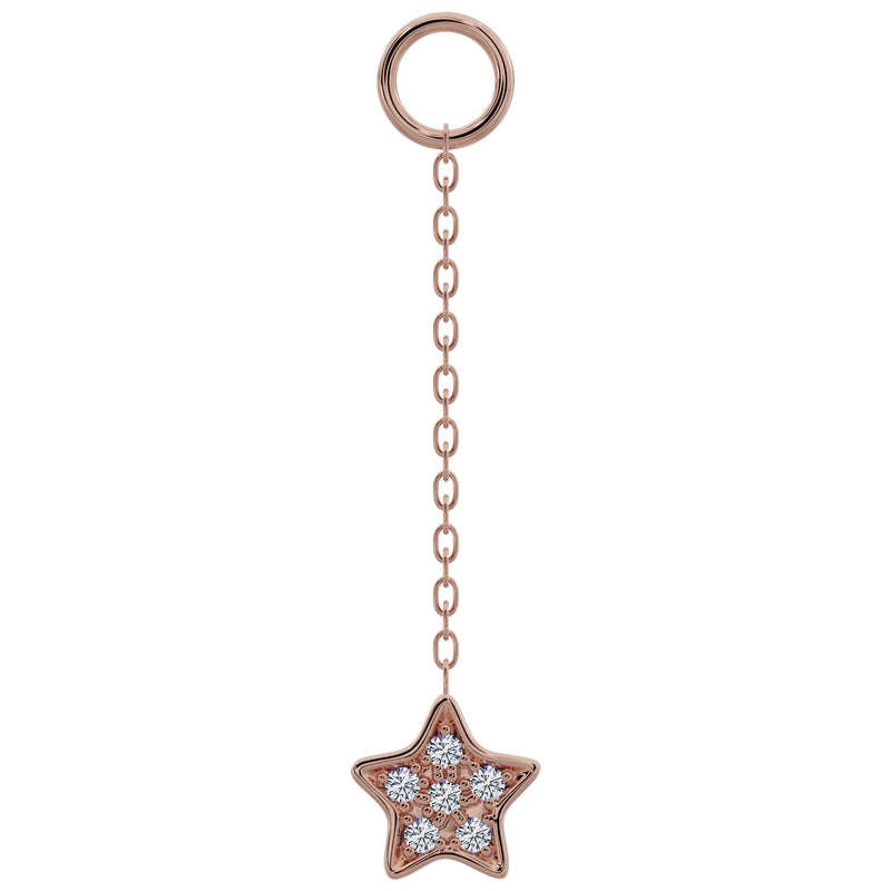 14k rose gold long chain piercing accessory with diamond pavé star charm, front view