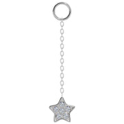 14k white gold long chain piercing accessory with diamond pavé star charm, front view