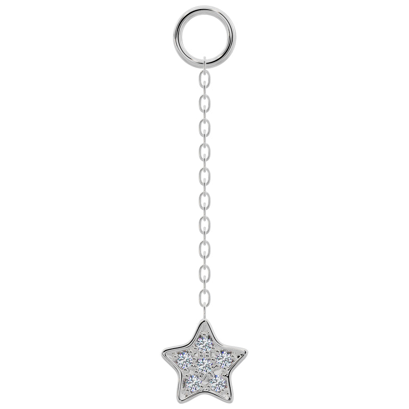 14k white gold long chain piercing accessory with diamond pavé star charm, front view