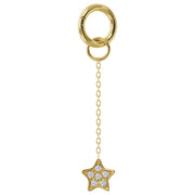 14k yellow gold star diamond chain accessory with clicker hoop attachment shown open for piercing
