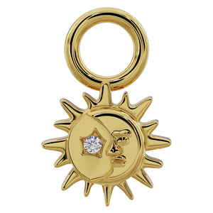 14K yellow gold sun and moon diamond piercing charm, front view with star-set diamond accent