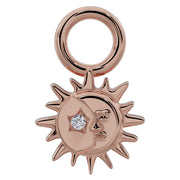 14K rose gold sun and moon diamond piercing charm, front view with star-set diamond accent