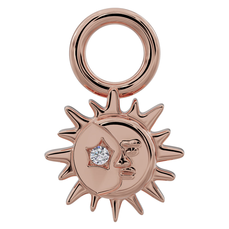 14K rose gold sun and moon diamond piercing charm, front view with star-set diamond accent