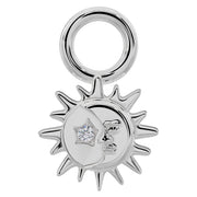 14K white gold sun and moon diamond piercing charm, front view with star-set diamond accent
