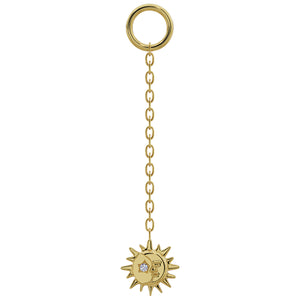 14K yellow gold sun and moon diamond chain piercing accessory, long length, front view