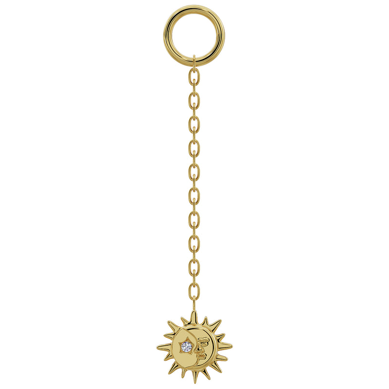 14K yellow gold sun and moon diamond chain piercing accessory, long length, front view