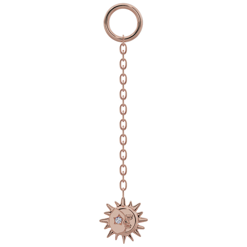 14K rose gold sun and moon diamond chain piercing accessory, long length, front view