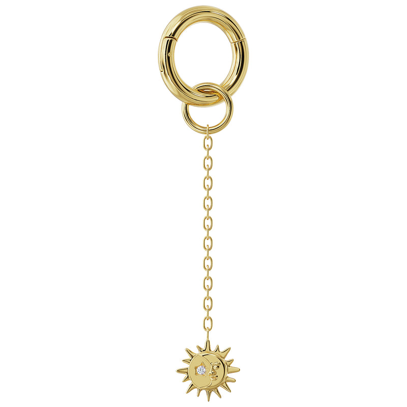 14K yellow gold sun and moon chain accessory attached to a hoop, showing how it connects to piercing jewelry
