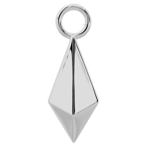 14k white gold geometric pyramid piercing charm with polished faceted surfaces, front view