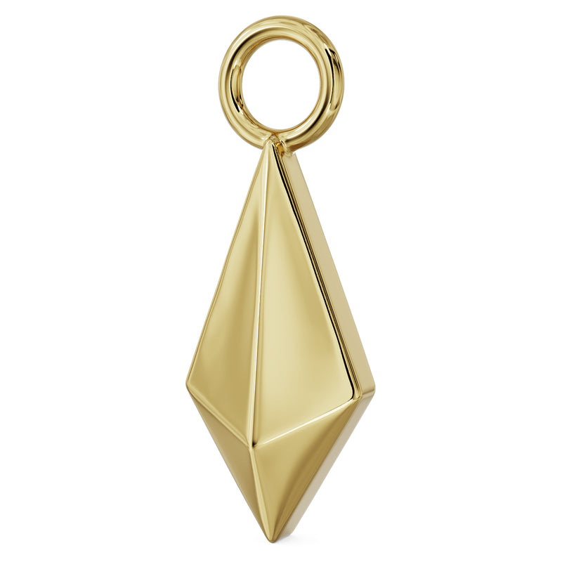 Angled side view of 14k yellow gold pyramid charm showing 3D faceted geometry