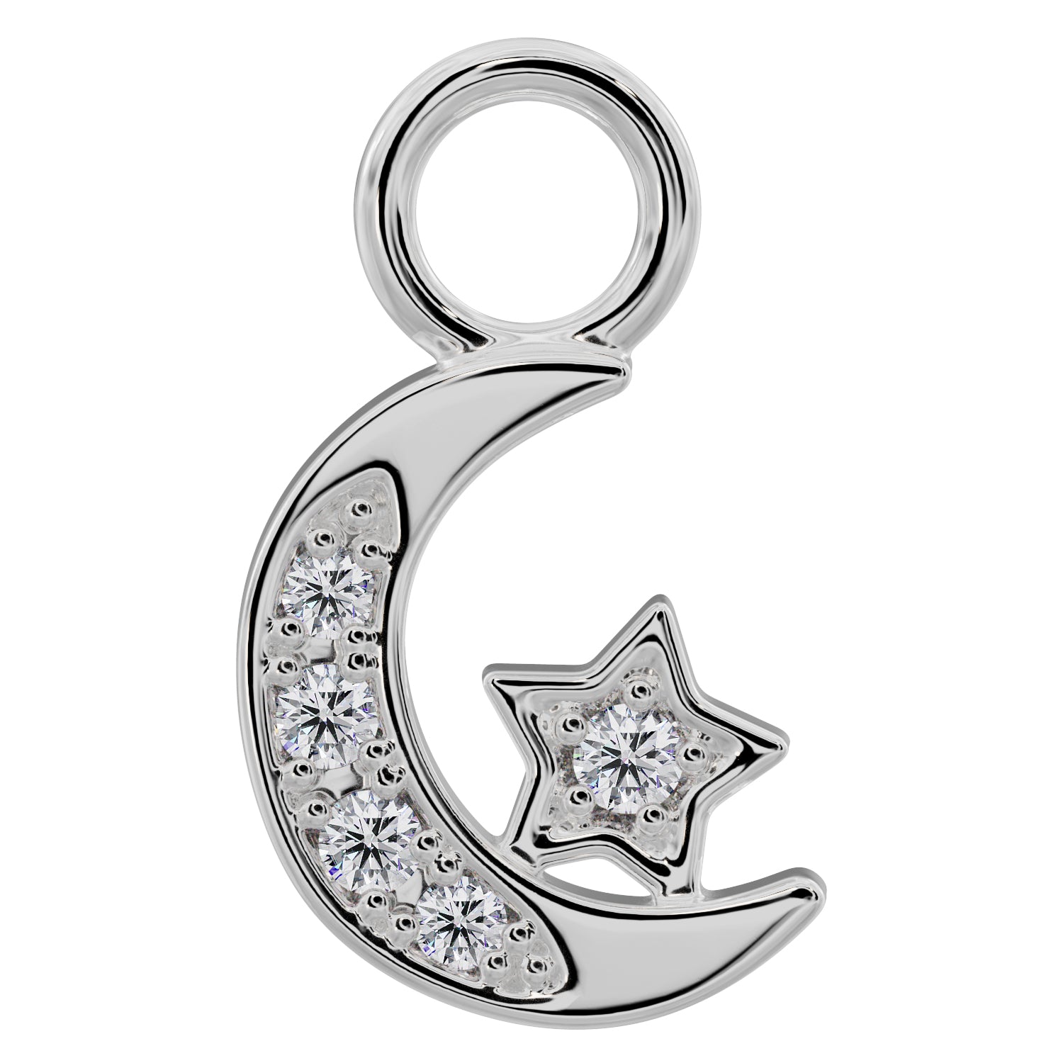 Moon and Star Diamond Charm Accessory for Piercing Jewelry-14K White Gold