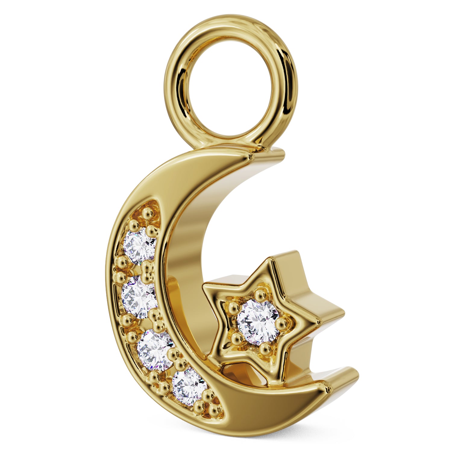 Side View Gold Moon and Star Diamond Charm Accessory for Piercing Jewelry