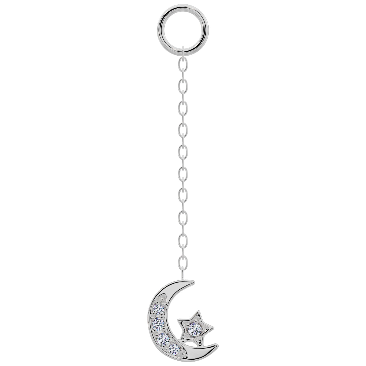 Moon and Star Diamond Chain Accessory-Long   14K White Gold
