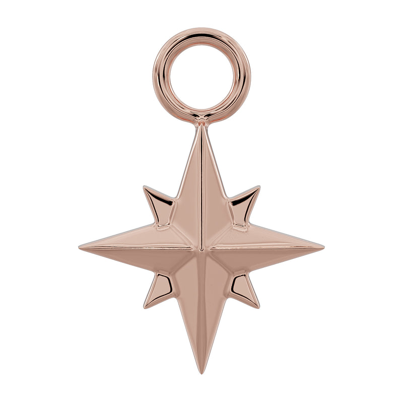 14k rose gold north star piercing charm with jump ring attachment, front view on white background
