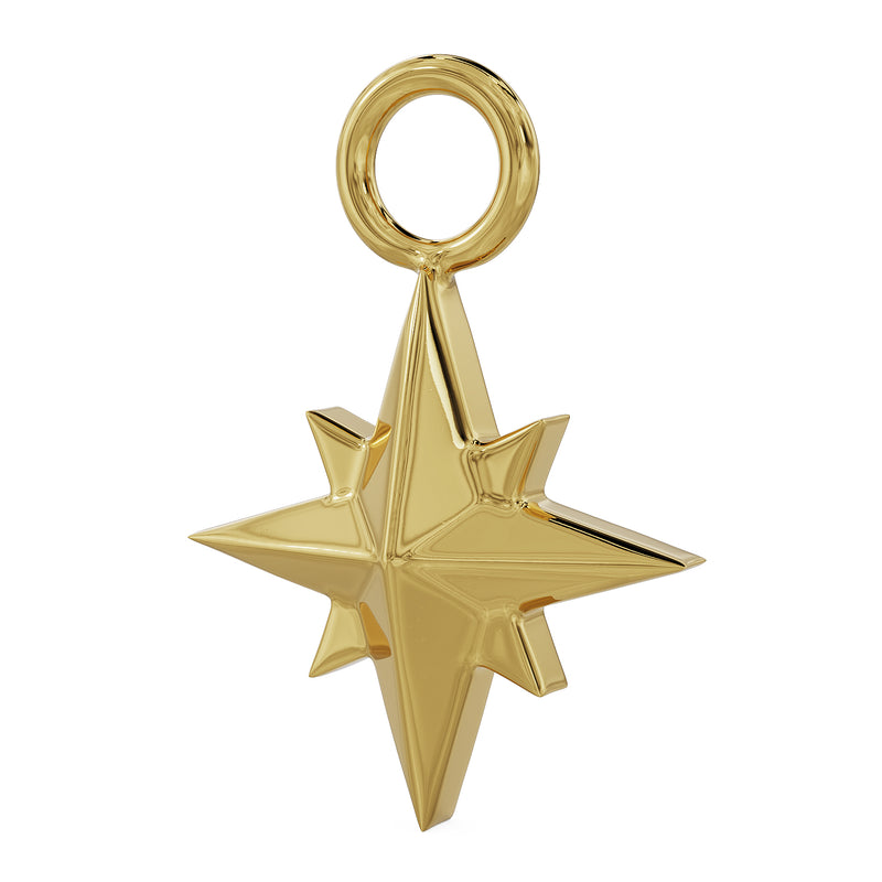 Angled side view of 14k yellow gold north star charm showing three-dimensional sculpted star points