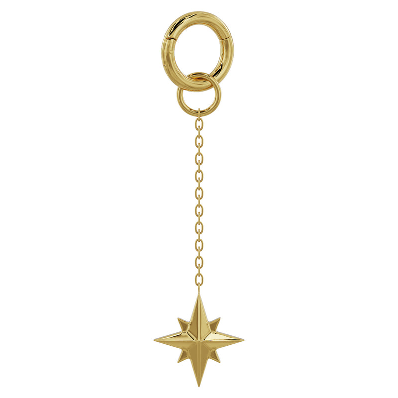 14K yellow gold north star chain accessory showing double-ring clasp mechanism for attaching to earring studs