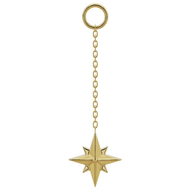 14K yellow gold north star piercing chain accessory, long 20mm chain with clasp ring, front view
