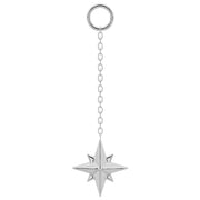 14K white gold north star piercing chain accessory, long chain with polished star charm, front view