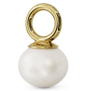 Angled side view of freshwater pearl charm showing gold cap and circular bail detail