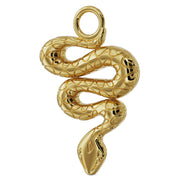 Angled side view of 14K yellow gold snake charm showing dimensional scale engraving and depth
