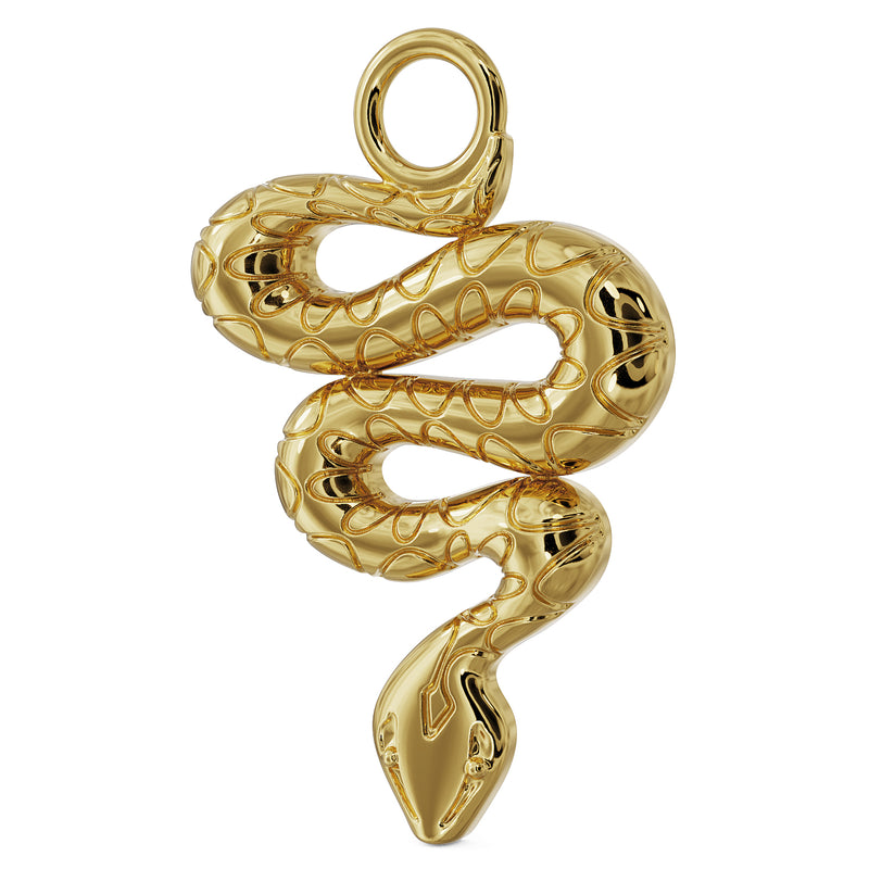 Angled side view of 14K yellow gold snake charm showing dimensional scale engraving and depth
