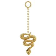 14k yellow gold snake charm accessory, long chain with textured coiled snake pendant, front view