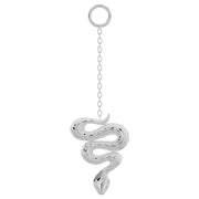 950 platinum snake charm piercing accessory, long chain with coiled snake pendant, front view