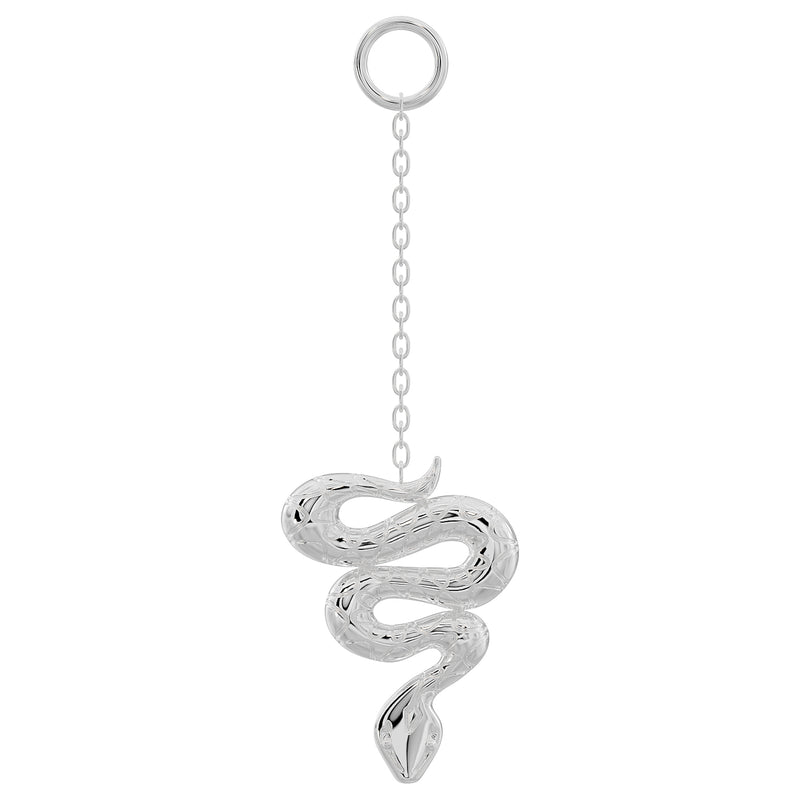 950 platinum snake charm piercing accessory, long chain with coiled snake pendant, front view