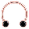 14K rose gold circular barbell with dual bezel-set black diamonds, front view