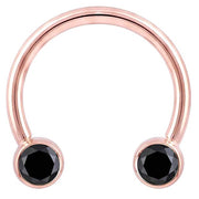 14K rose gold circular barbell with dual bezel-set black diamonds, front view