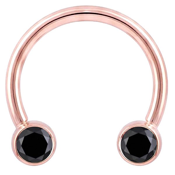 14K rose gold circular barbell with dual bezel-set black diamonds, front view