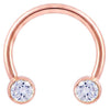 14K rose gold circular barbell with dual bezel-set round diamonds, front view