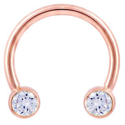 14K rose gold circular barbell with dual bezel-set round diamonds, front view