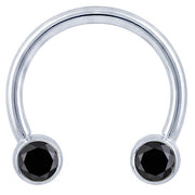14K white gold circular barbell with dual bezel-set black diamonds, front view
