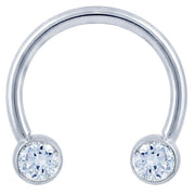 14K white gold circular barbell with dual bezel-set round diamonds, front view