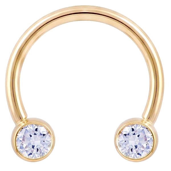 14K yellow gold circular barbell with dual bezel-set round diamonds, front view
