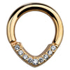 14K yellow gold CZ V-shape hinged segment clicker ring, front view on white background