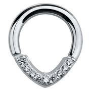 14K white gold CZ V-shape hinged segment clicker ring, front view on white background