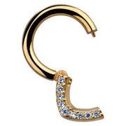 14K yellow gold CZ clicker ring shown open, revealing hinged segment closure mechanism