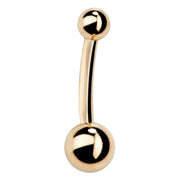 14k yellow gold double ball navel ring with polished 4mm top and 6mm bottom ball, white background