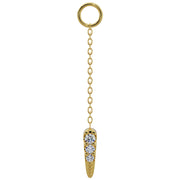 14K yellow gold long diamond spike chain accessory with three-stone prong setting, front view