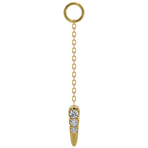 14K yellow gold long diamond spike chain accessory with three-stone prong setting, front view