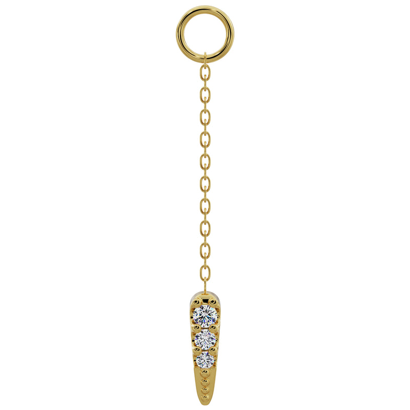 14K yellow gold long diamond spike chain accessory with three-stone prong setting, front view