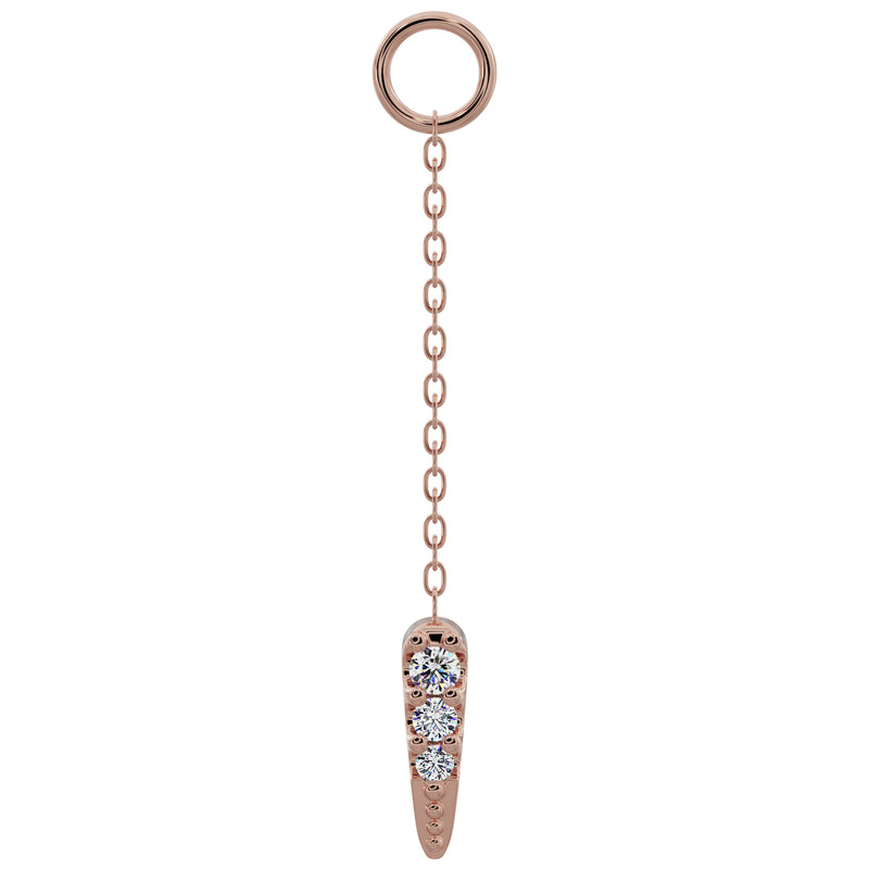 14K rose gold long diamond spike chain accessory with three-stone spike pendant, front view