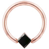 14K rose gold fixed bead ring with bezel-set black diamond princess cut stone, front view
