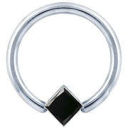 14K white gold fixed bead ring with bezel-set black diamond princess cut stone, front view