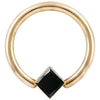 14K yellow gold fixed bead ring with bezel-set black diamond princess cut stone, front view